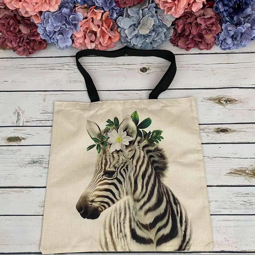 Eco-Friendly Folding Zebra with Flowers Tote Bag - Picture 2 of 15